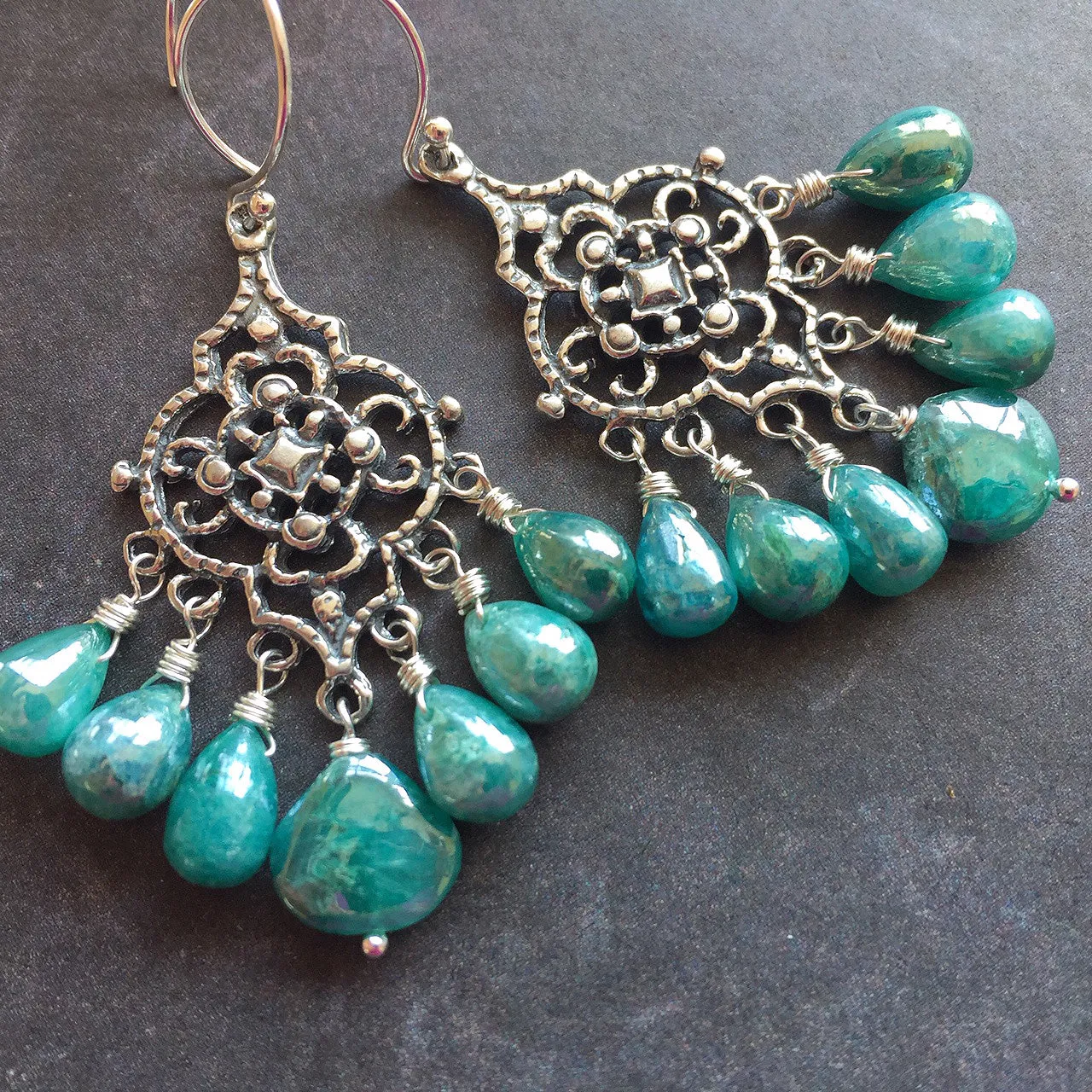 Filigree Earrings with Teal Silverite