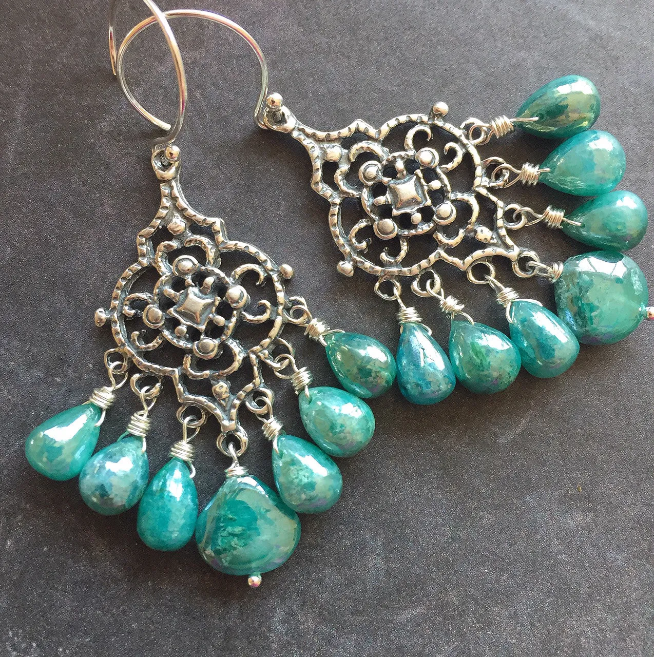 Filigree Earrings with Teal Silverite