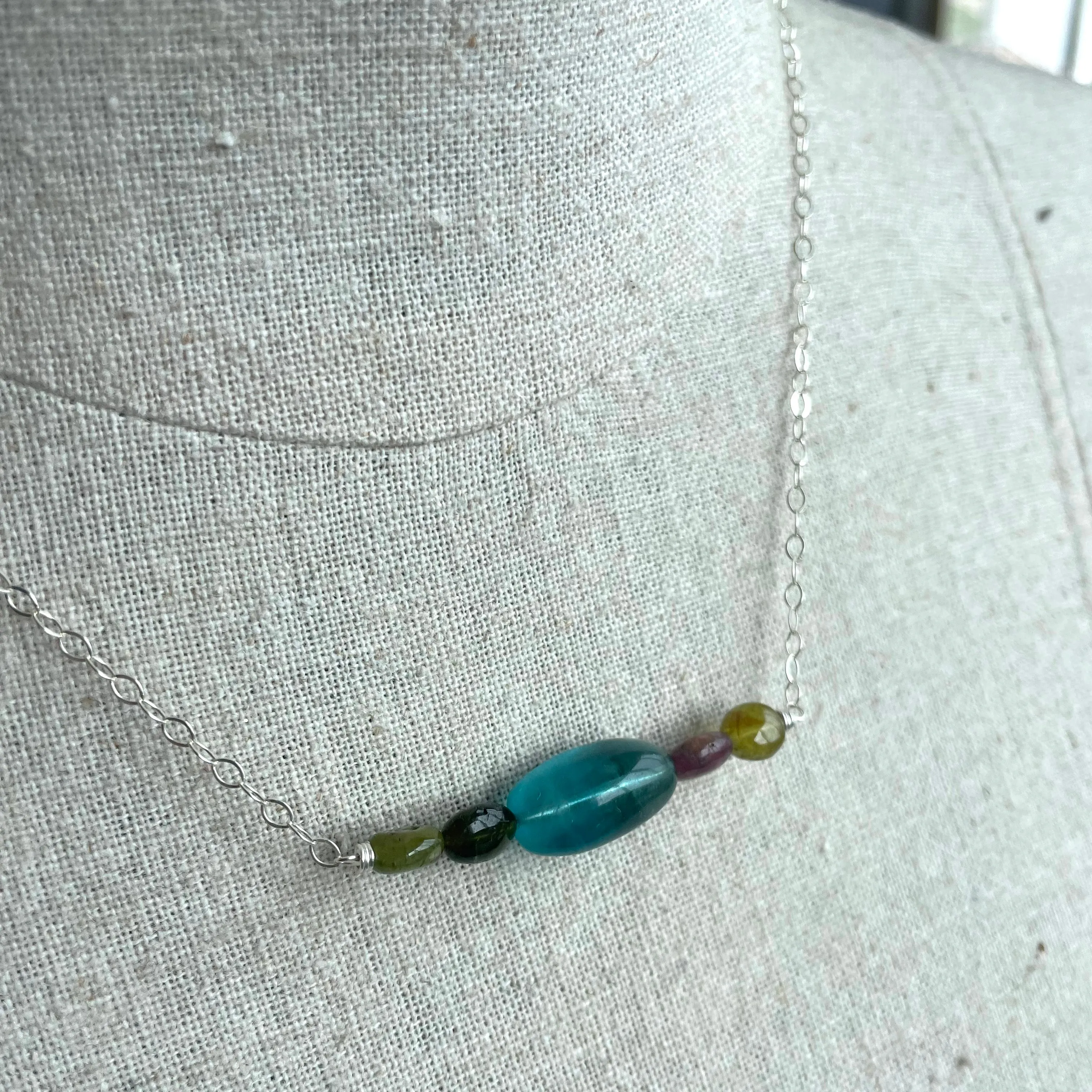 Fluorite and Tourmaline 5 Stone Necklace OOAK