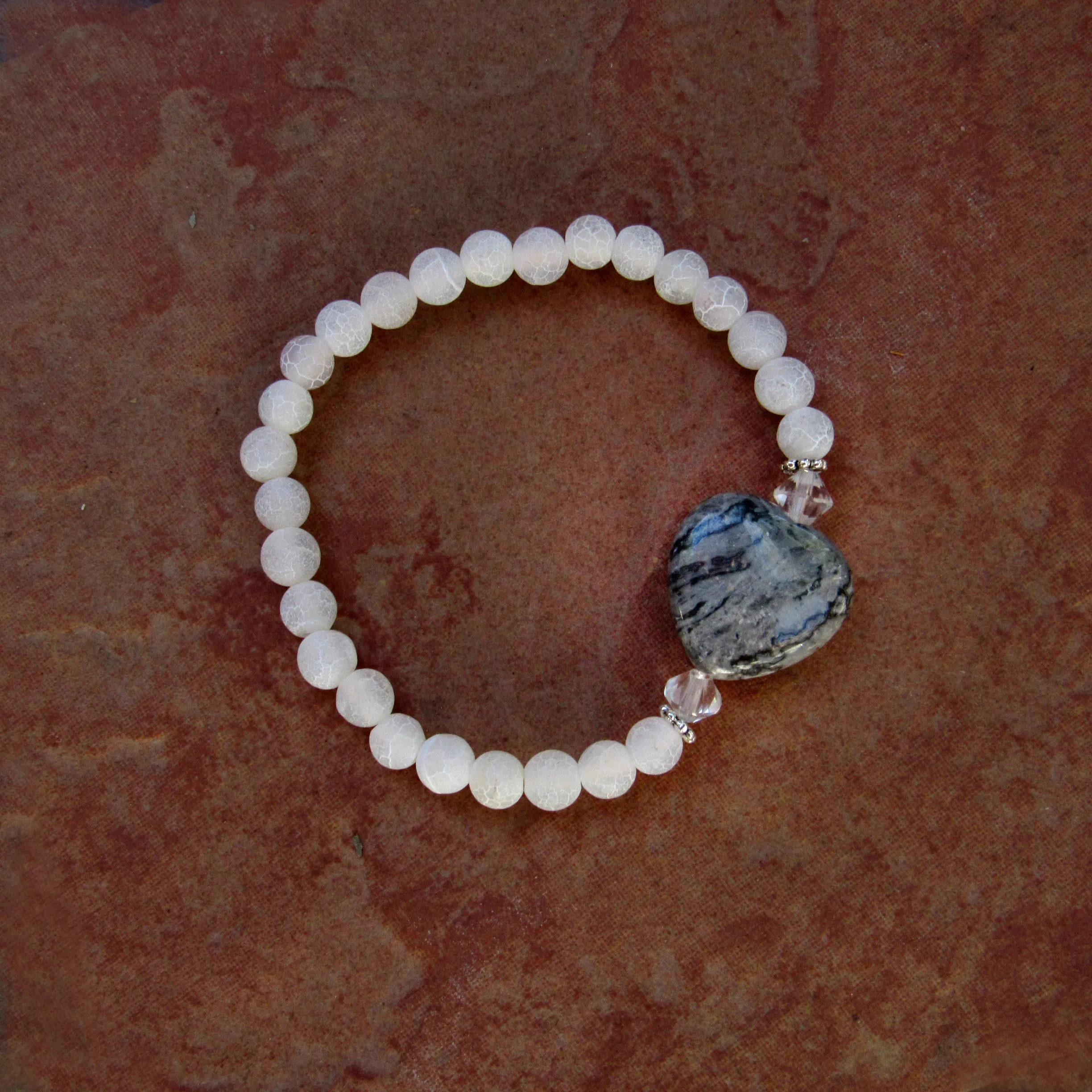 Frosted White Agate Gemstones, Chinese Crazy Lace Agate Heart, and Clear Quartz bracelet