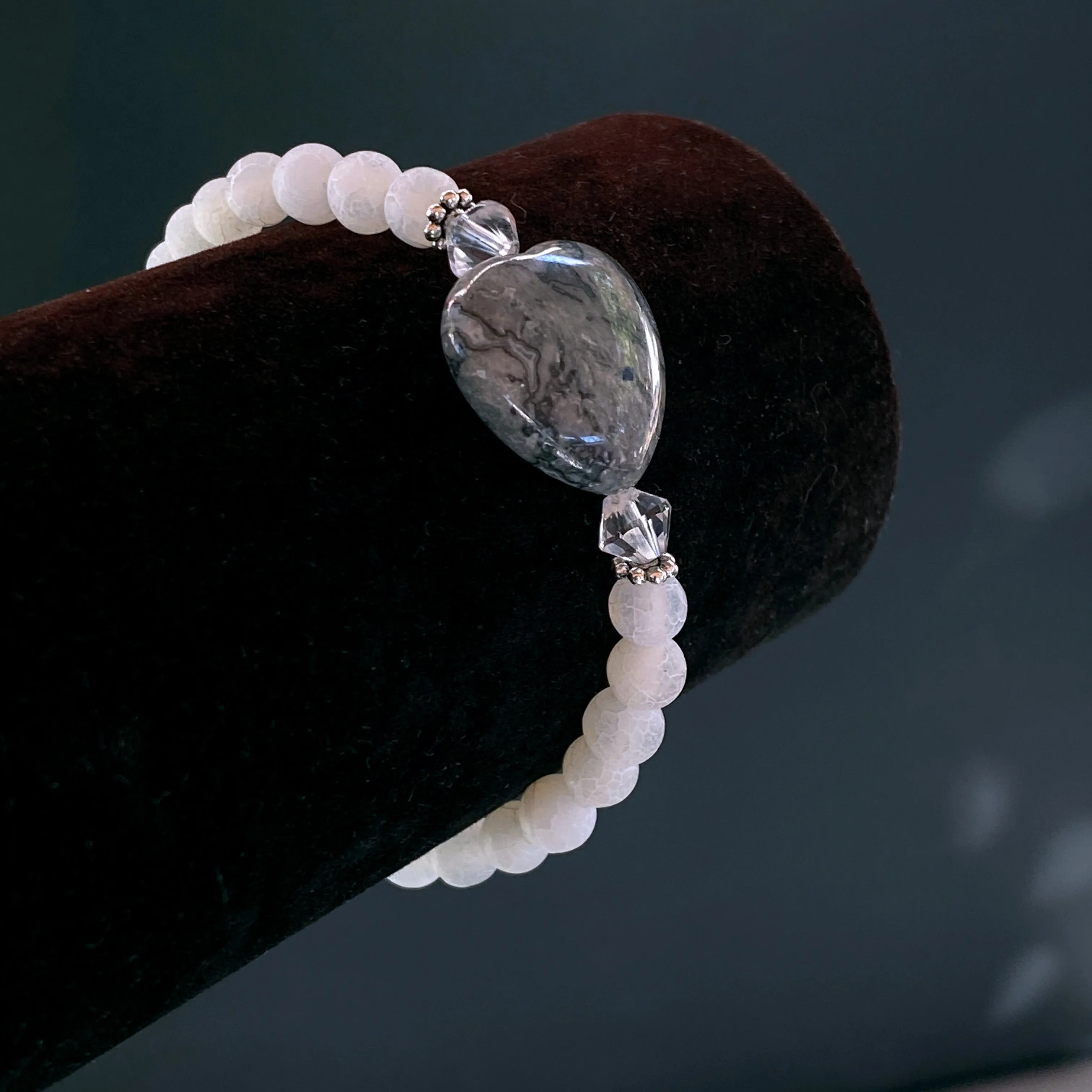 Frosted White Agate Gemstones, Chinese Crazy Lace Agate Heart, and Clear Quartz bracelet