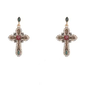 Gold Ornate Crystal Religious Cross Earrings