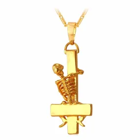 Gold Plated Gothic Skeleton Upside Down Cross Pendant Necklace