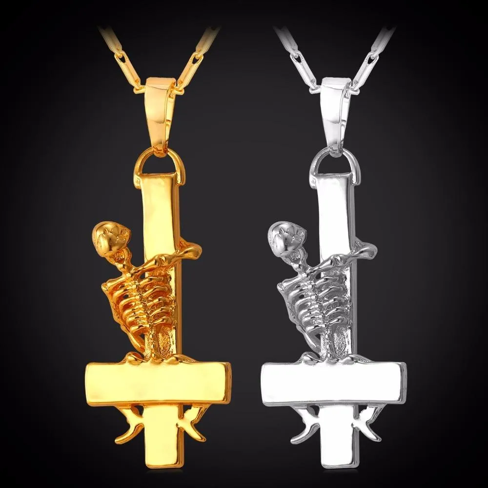 Gold Plated Gothic Skeleton Upside Down Cross Pendant Necklace