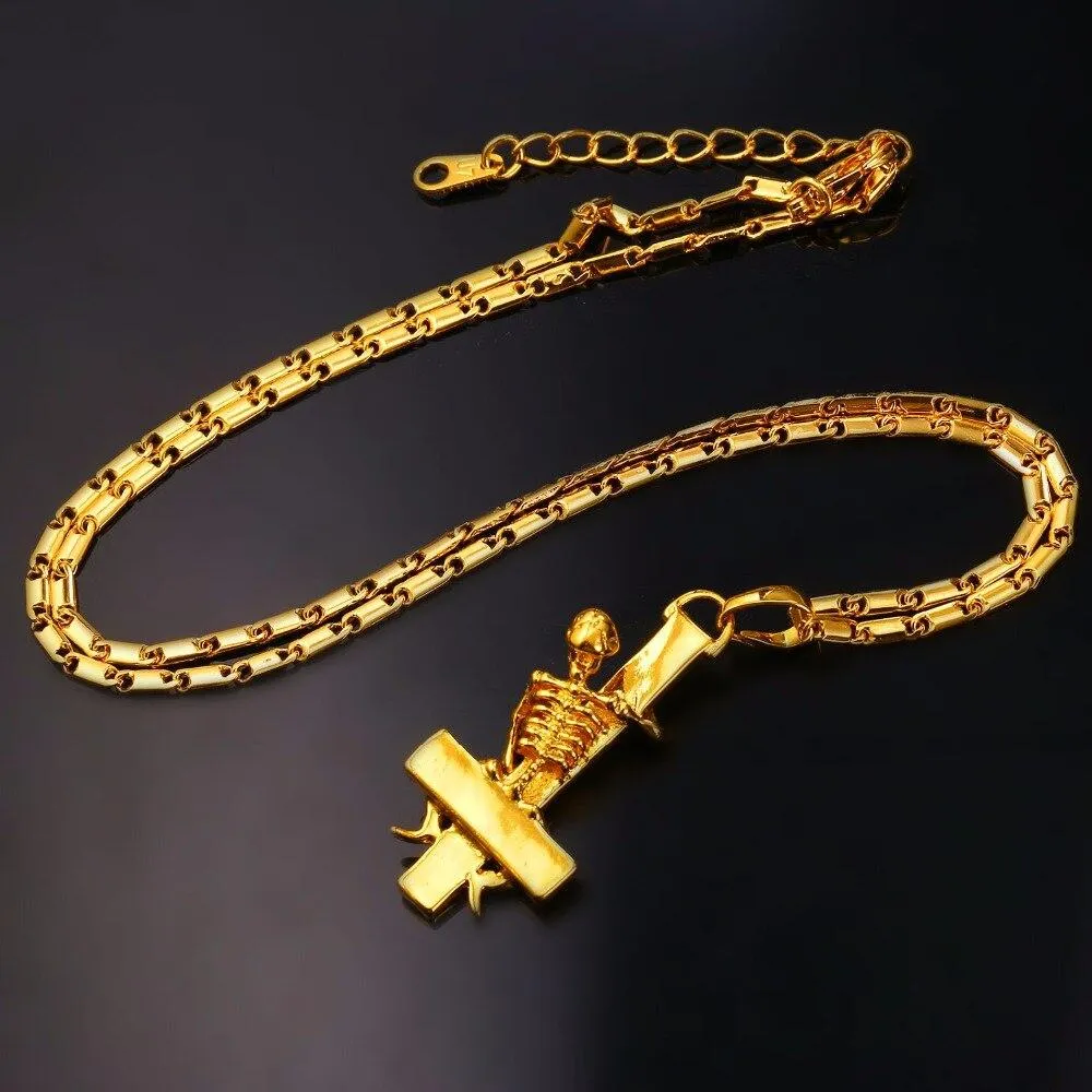 Gold Plated Gothic Skeleton Upside Down Cross Pendant Necklace