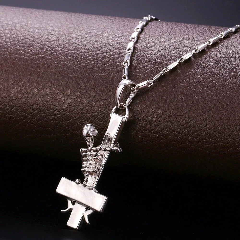 Gold Plated Gothic Skeleton Upside Down Cross Pendant Necklace