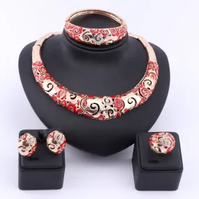 Gold-Plated Swirl Patterns Crystal and Enamel Necklace, Bracelet, Earrings & Ring Wedding Jewelry Set