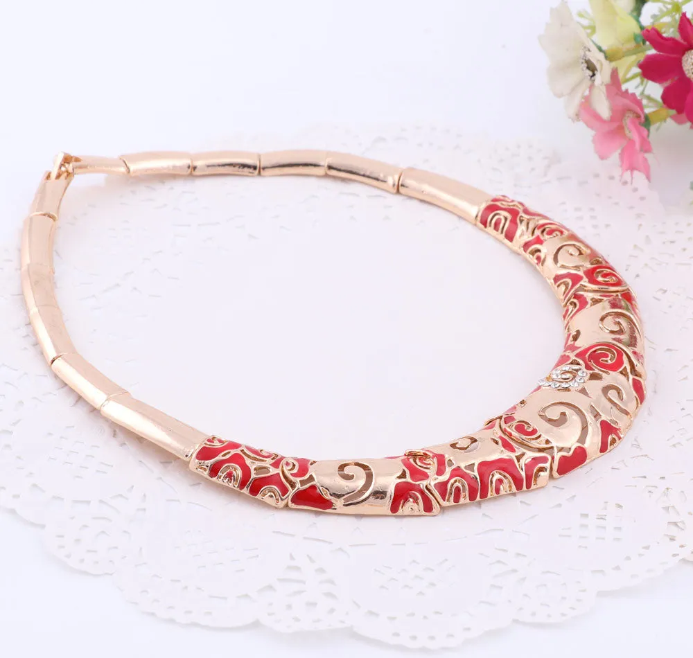 Gold-Plated Swirl Patterns Crystal and Enamel Necklace, Bracelet, Earrings & Ring Wedding Jewelry Set