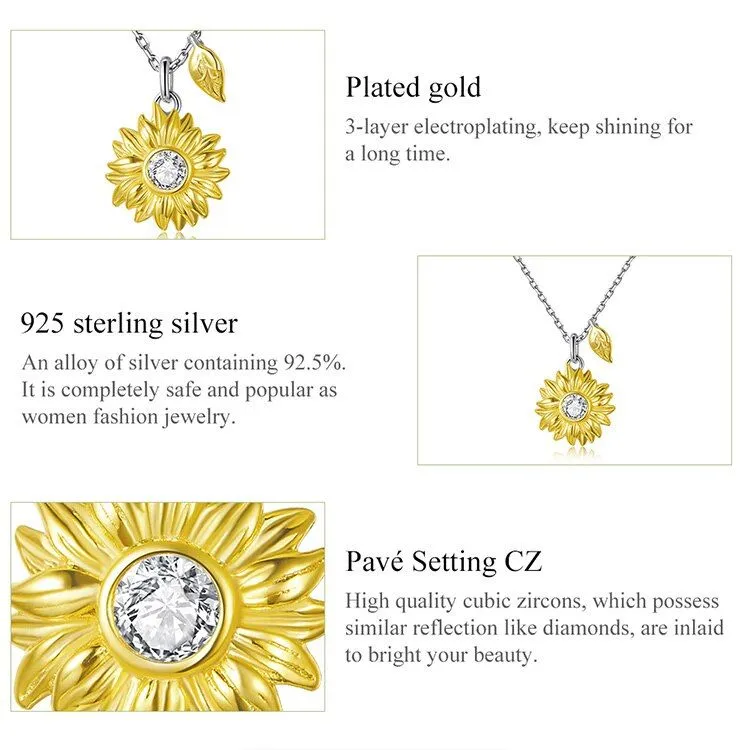 GZ308 - Sunflower Necklace - 925 Sterling Silver Charm Jewelry