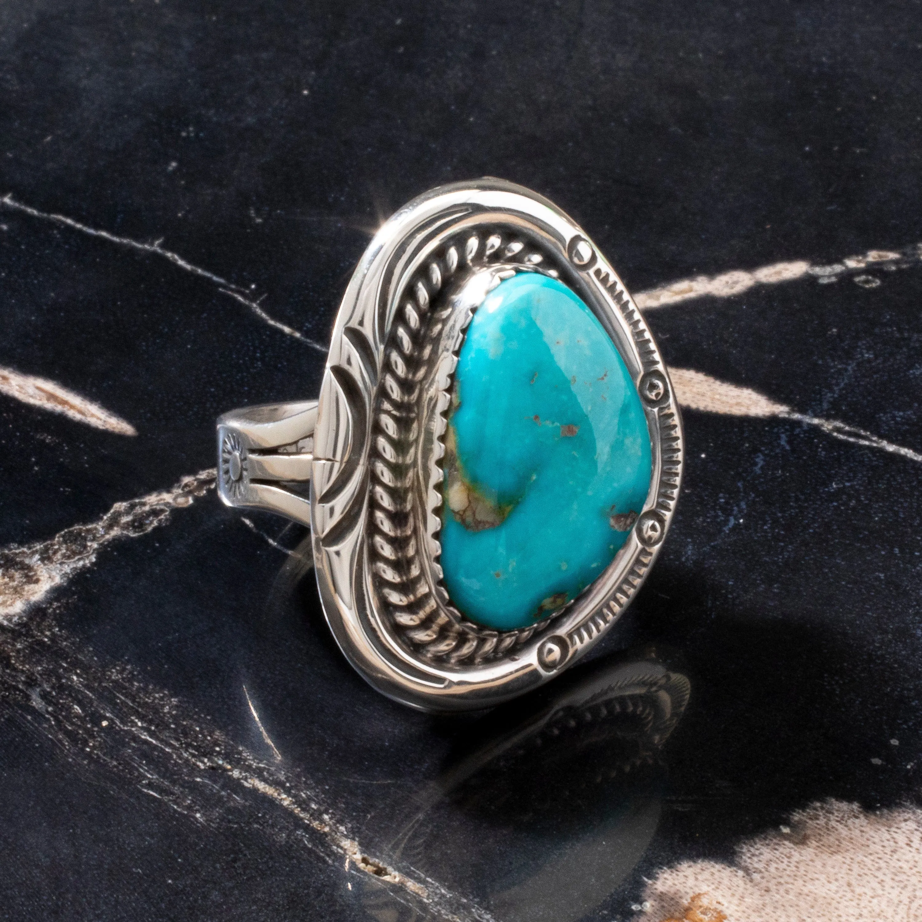 Joe Piaso Jr. King Manassa Turquoise Navajo USA Native American Made 925 Sterling Silver Ring