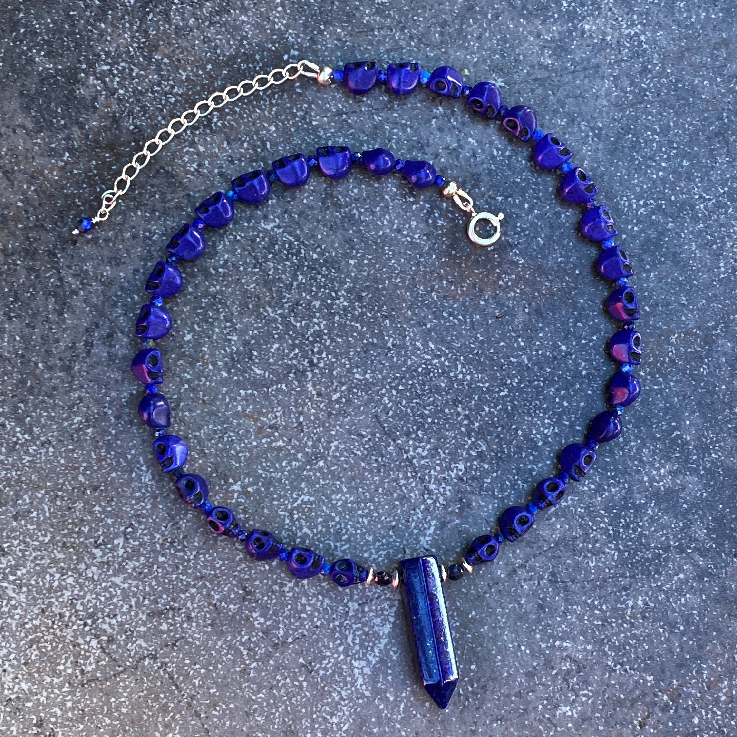 Lapis Lazuli and blue Sapphire Skull Necklace