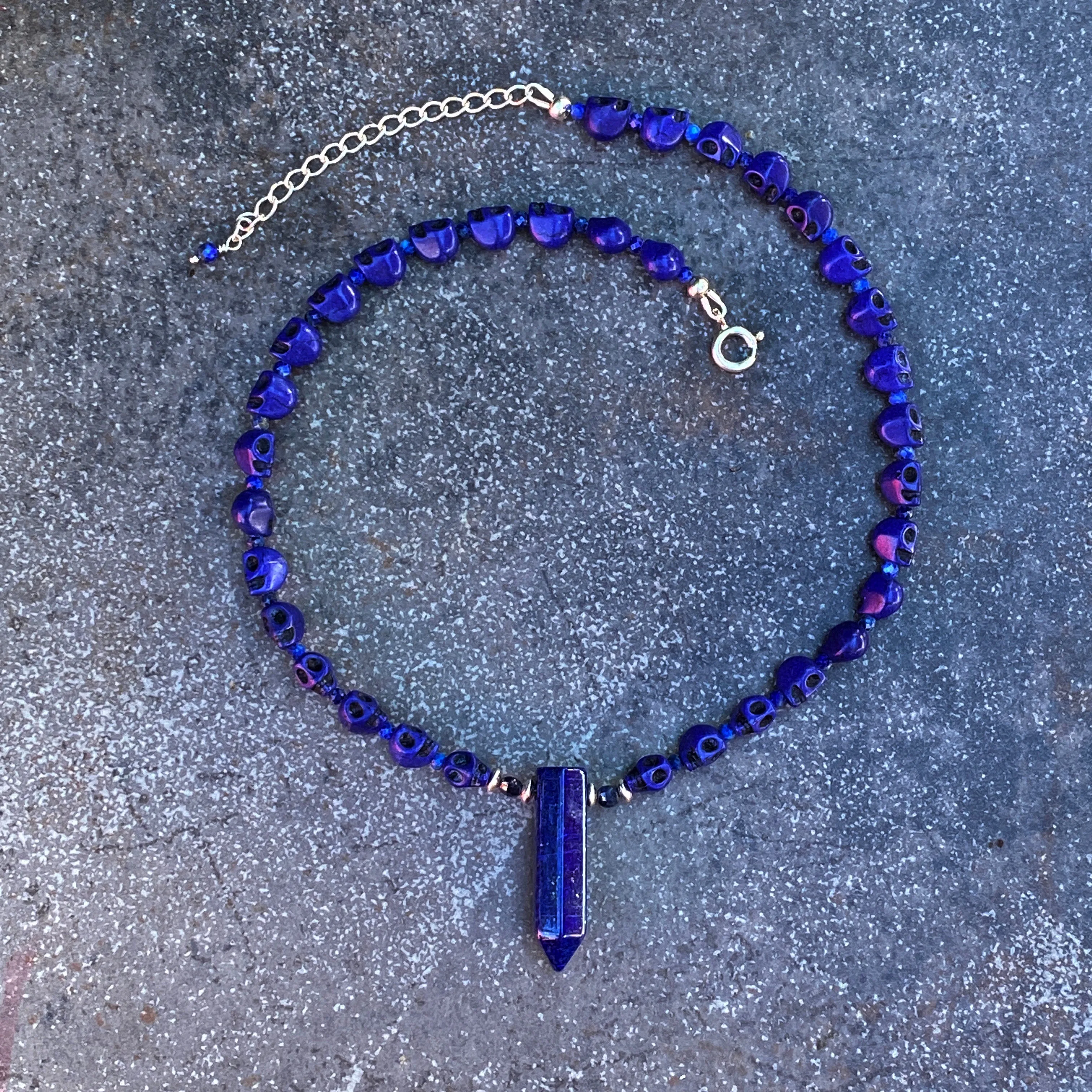 Lapis Lazuli and blue Sapphire Skull Necklace