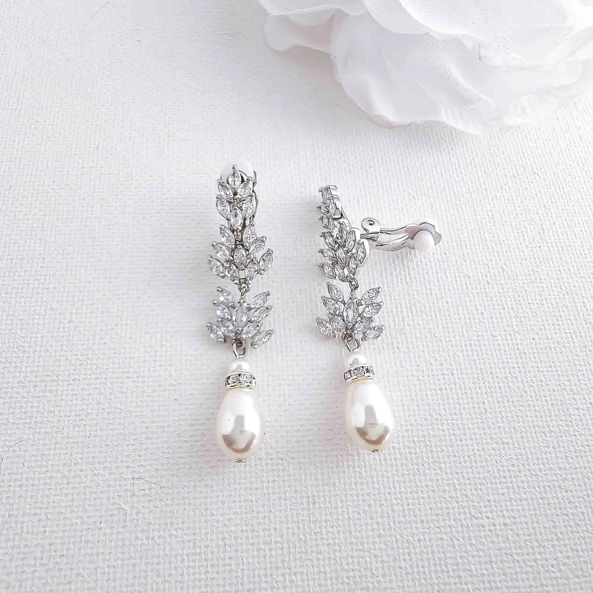 Leaf Clip On Earrings with Pearls-Treasa