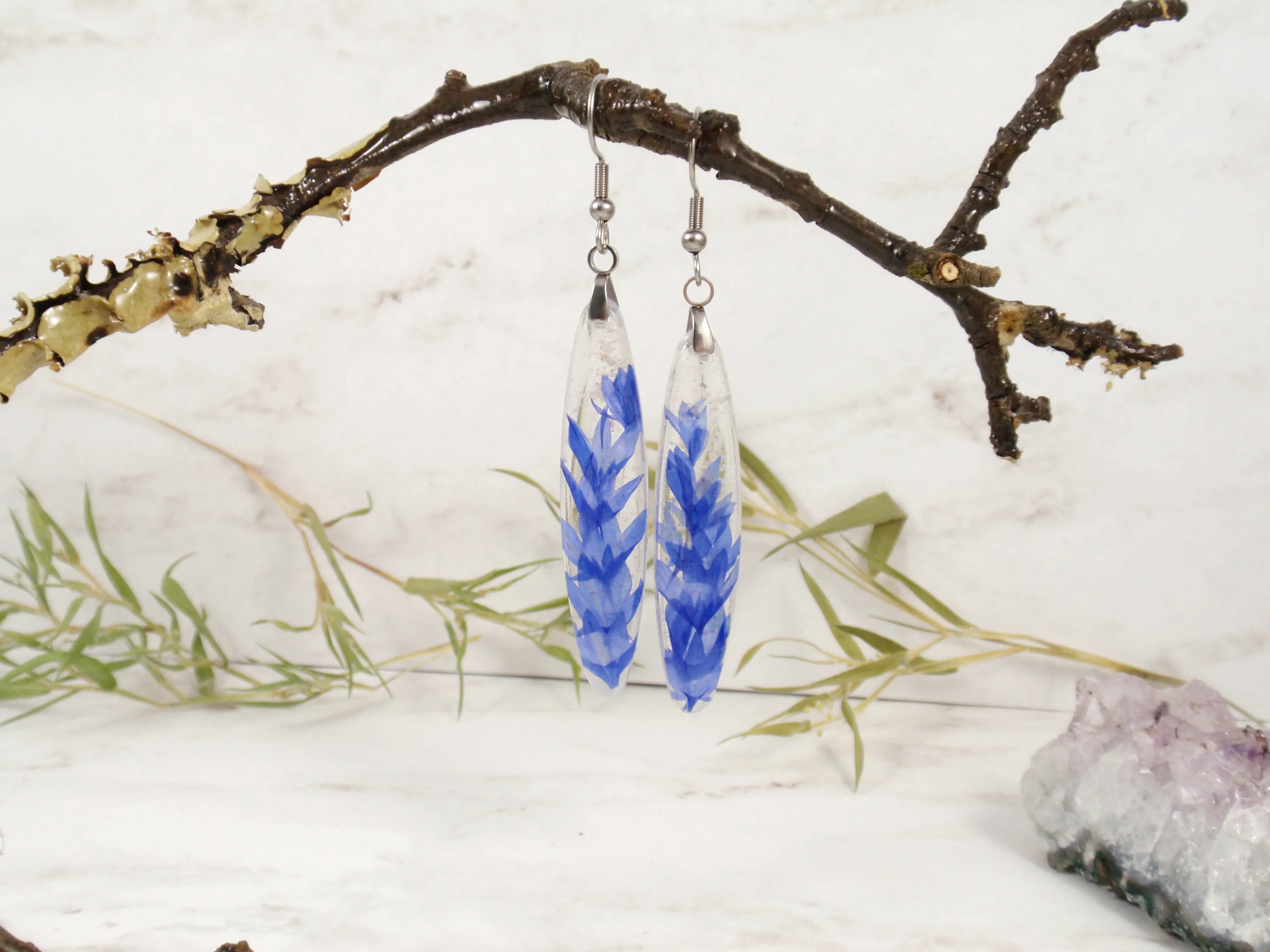 Long Blue Cornflower Petals Dangle Earrings with Ash