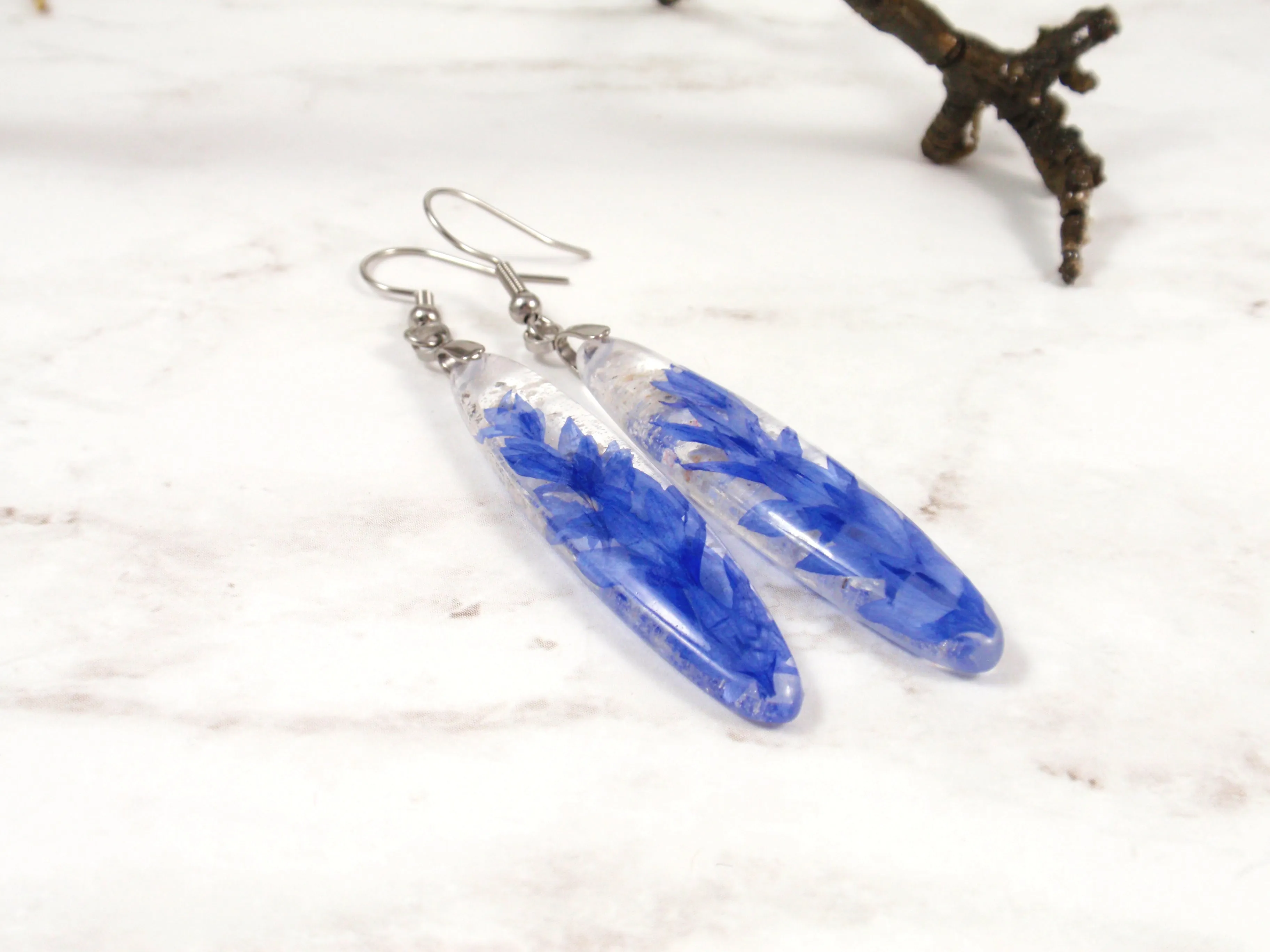 Long Blue Cornflower Petals Dangle Earrings with Ash