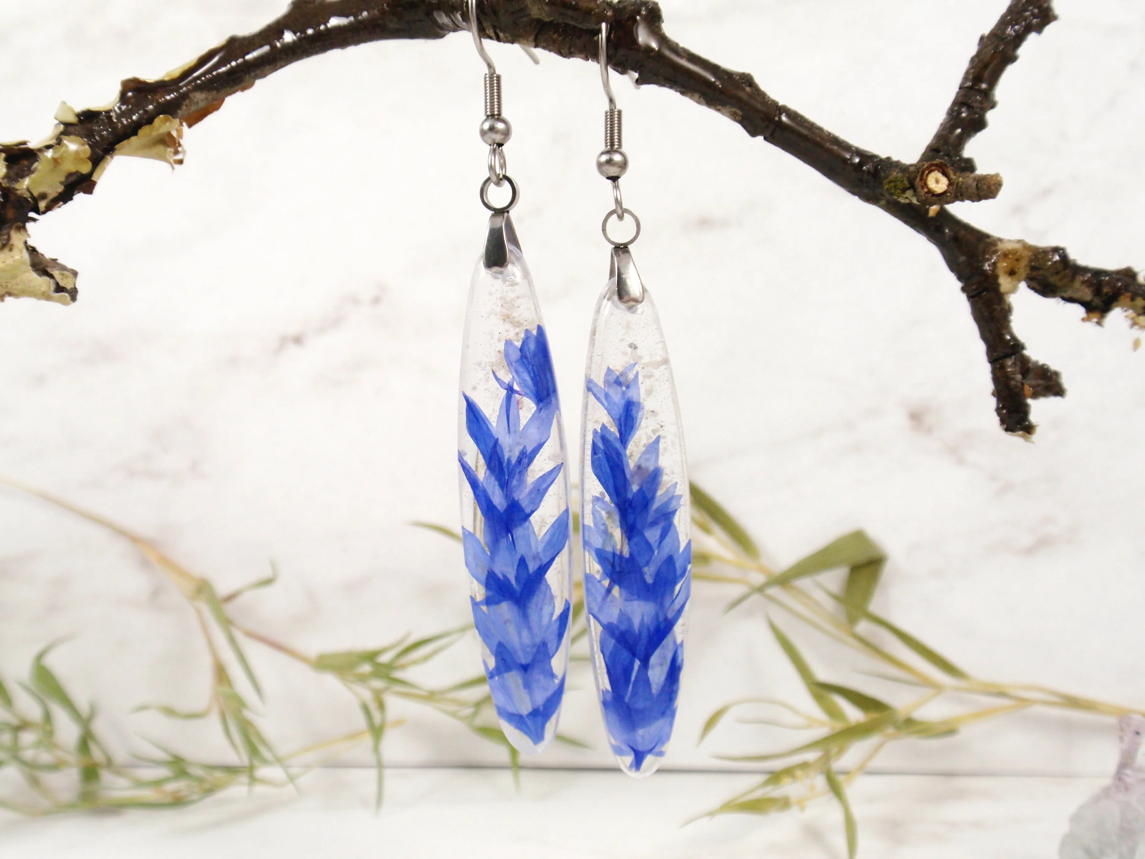 Long Blue Cornflower Petals Dangle Earrings with Ash