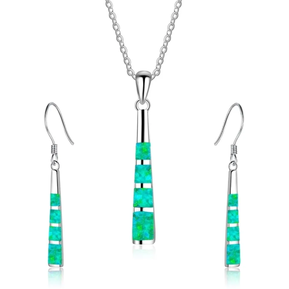 Long Column Shape Fire Opal Necklace & Earrings Trendy Fashion Jewelry Set