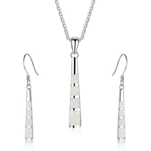 Long Column Shape Fire Opal Necklace & Earrings Trendy Fashion Jewelry Set