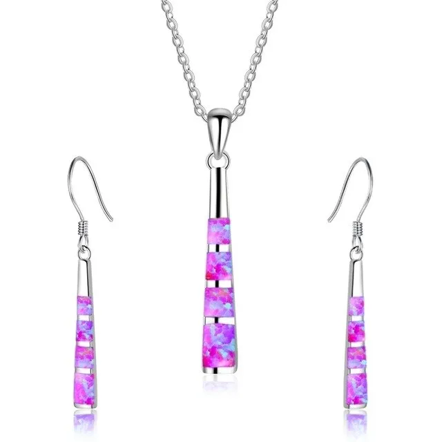 Long Column Shape Fire Opal Necklace & Earrings Trendy Fashion Jewelry Set