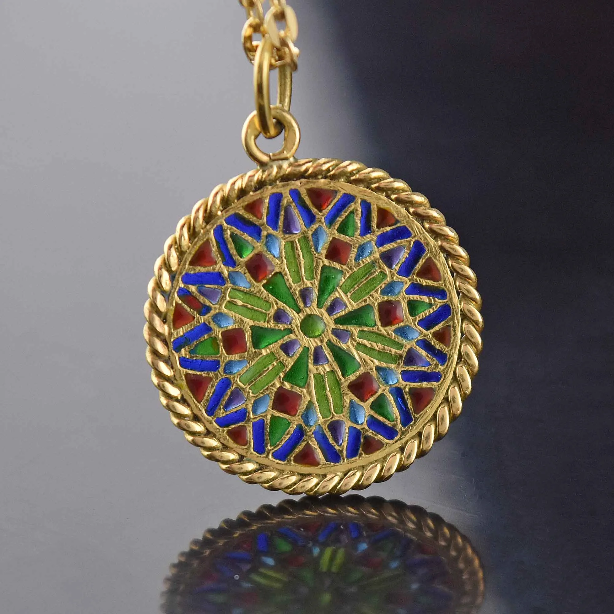 Exquisite 18K Gold Plique-à-Jour Enamel Pendant Necklace