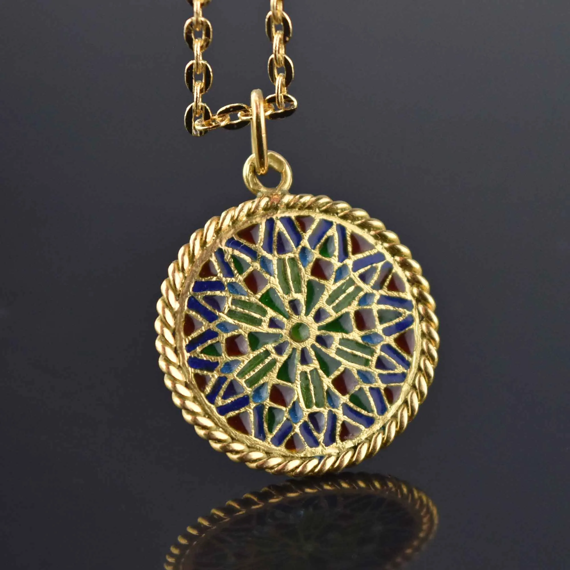 Exquisite 18K Gold Plique-à-Jour Enamel Pendant Necklace