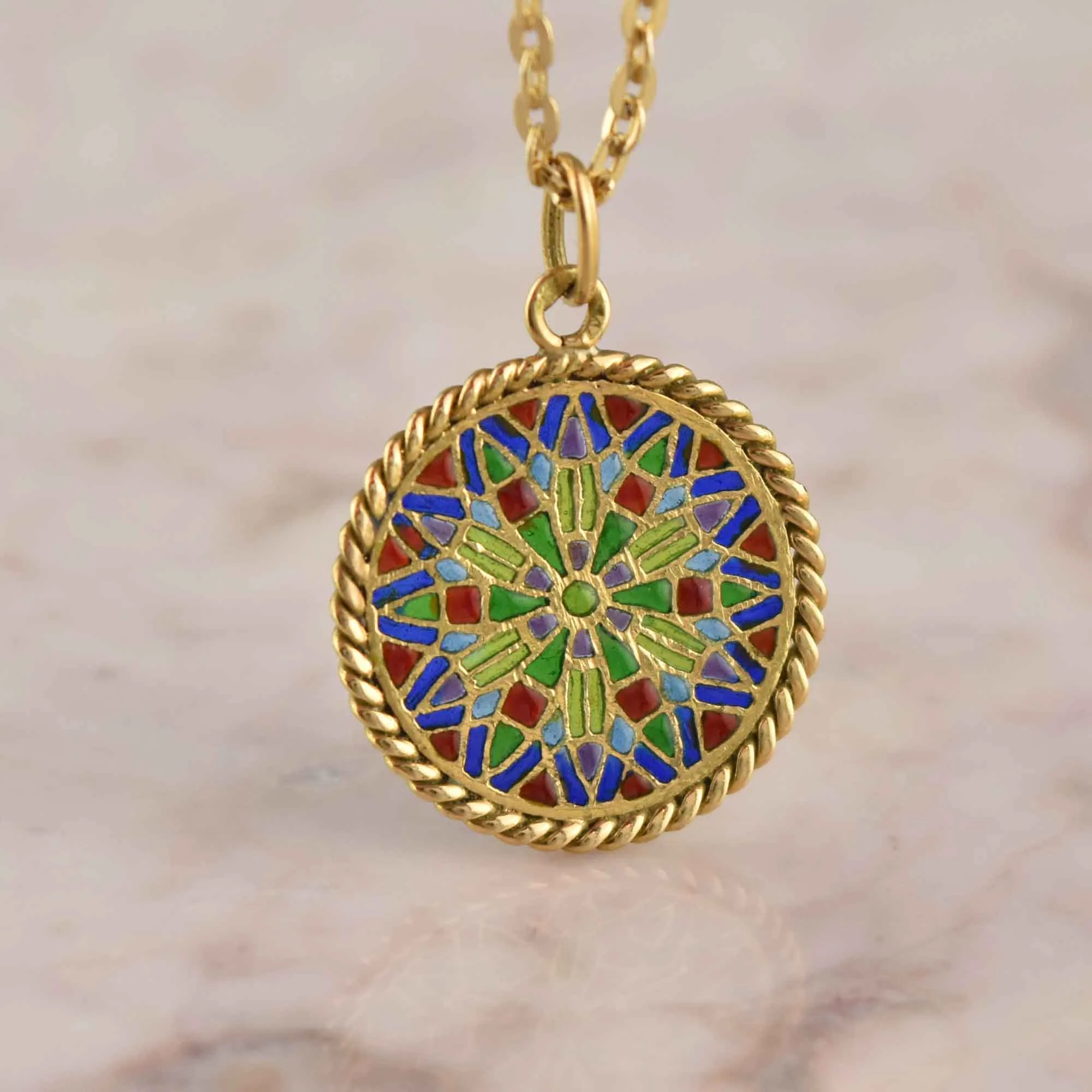 Exquisite 18K Gold Plique-à-Jour Enamel Pendant Necklace