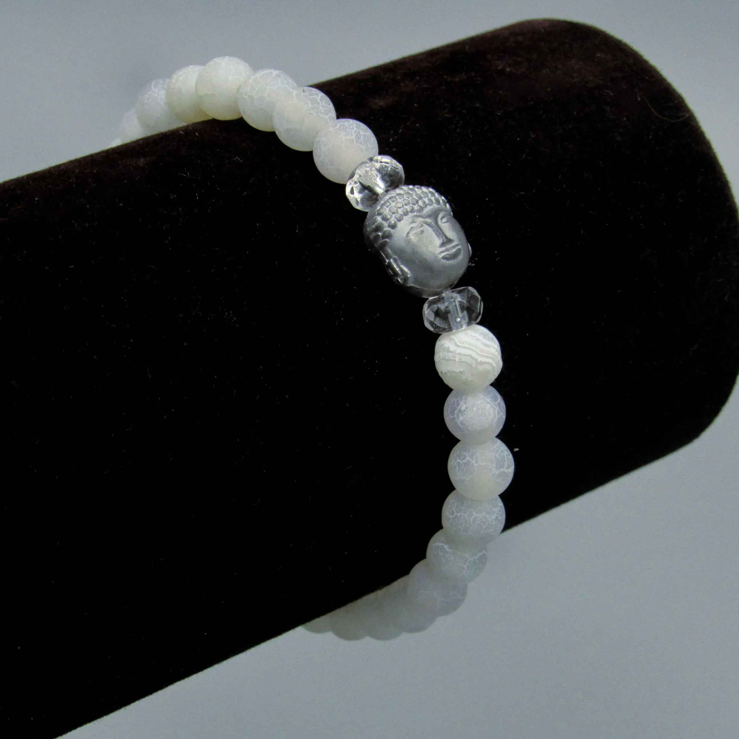 Matte Spider Vein and White Agate Gemstone “Faith” Bracelet with Hematite Buddha