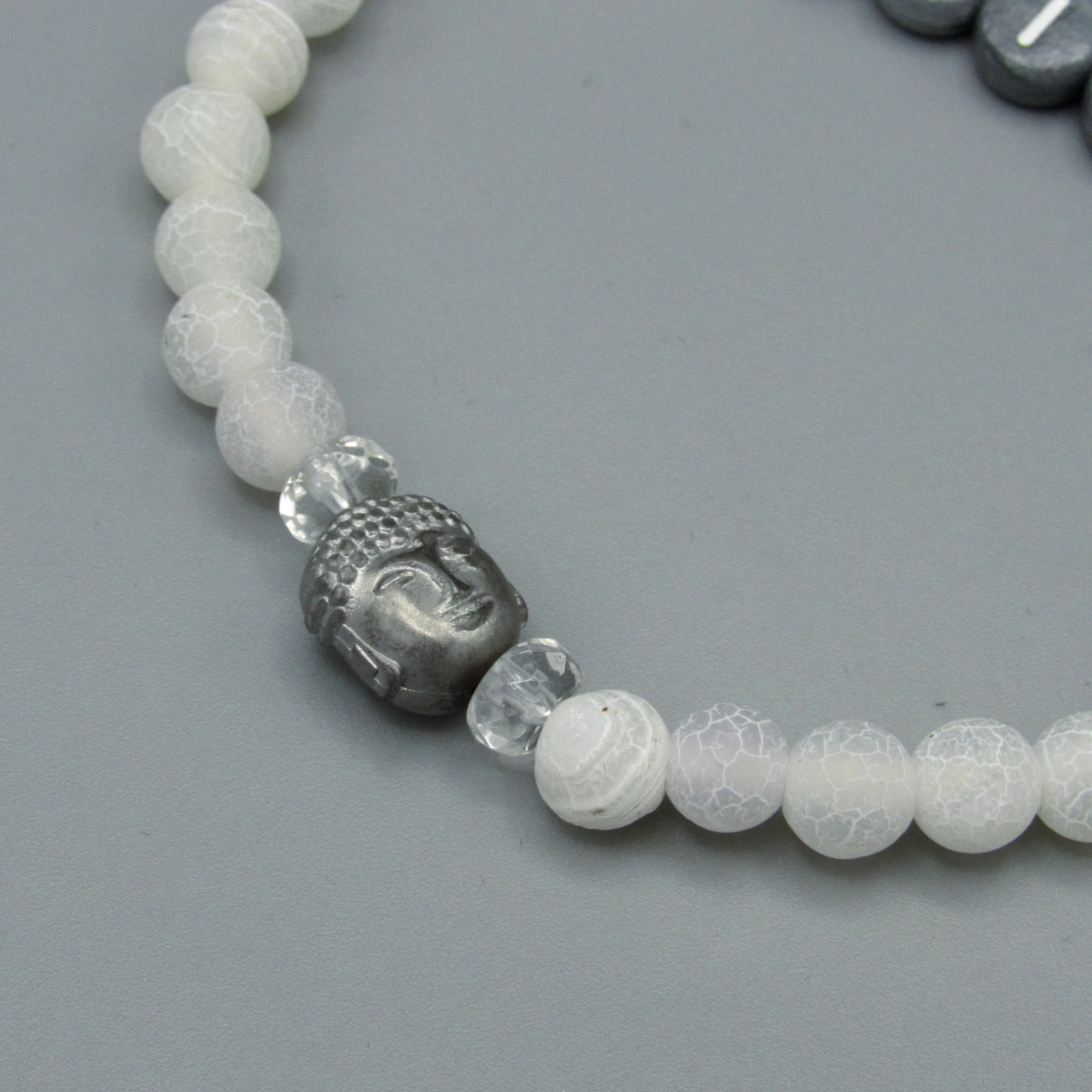 Matte Spider Vein and White Agate Gemstone “Faith” Bracelet with Hematite Buddha