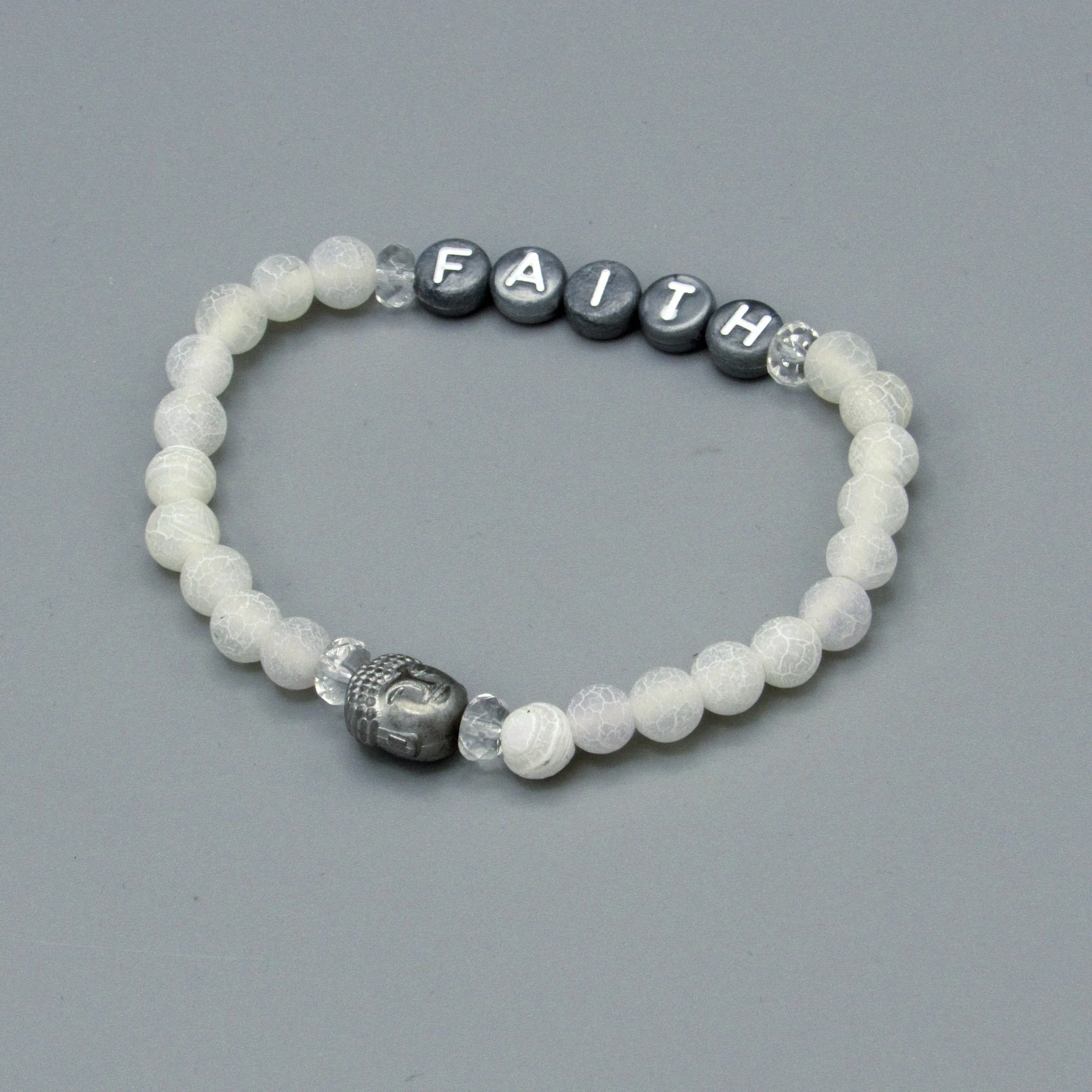 Matte Spider Vein and White Agate Gemstone “Faith” Bracelet with Hematite Buddha