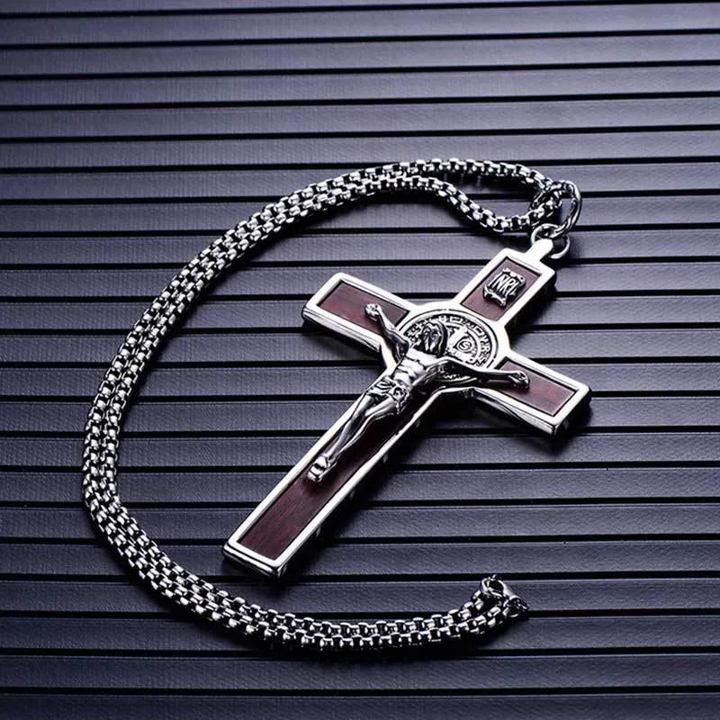 Men's 316L Stainless Steel Wood Cross Pendant Necklace