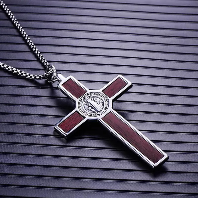 Men's 316L Stainless Steel Wood Cross Pendant Necklace