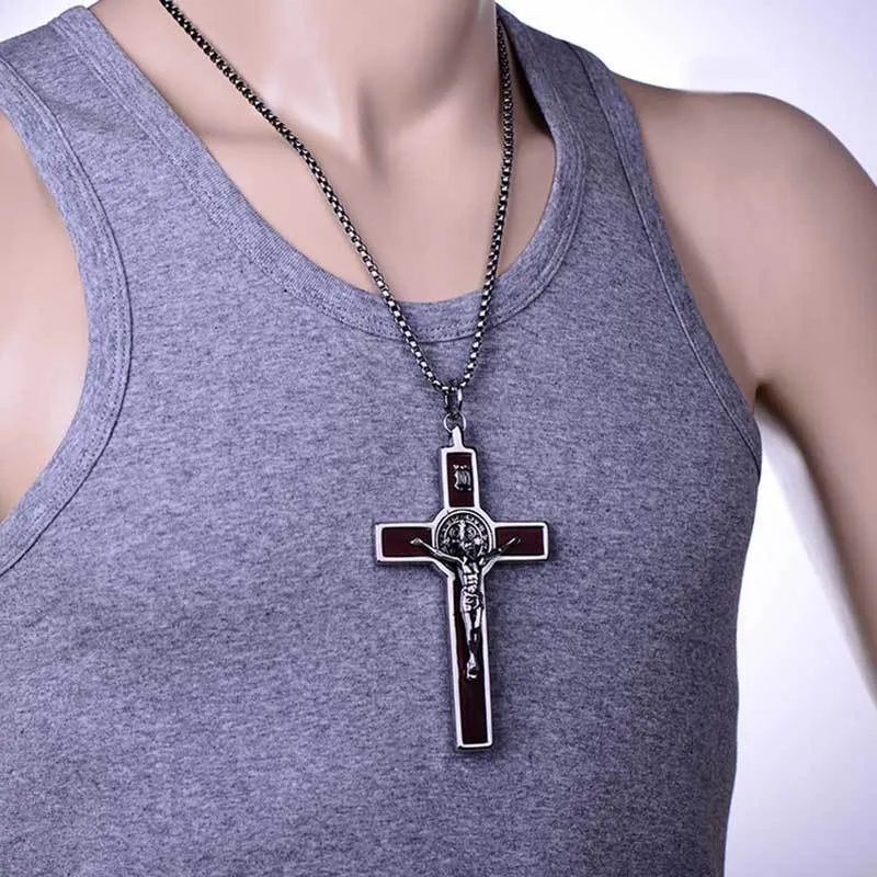 Men's 316L Stainless Steel Wood Cross Pendant Necklace