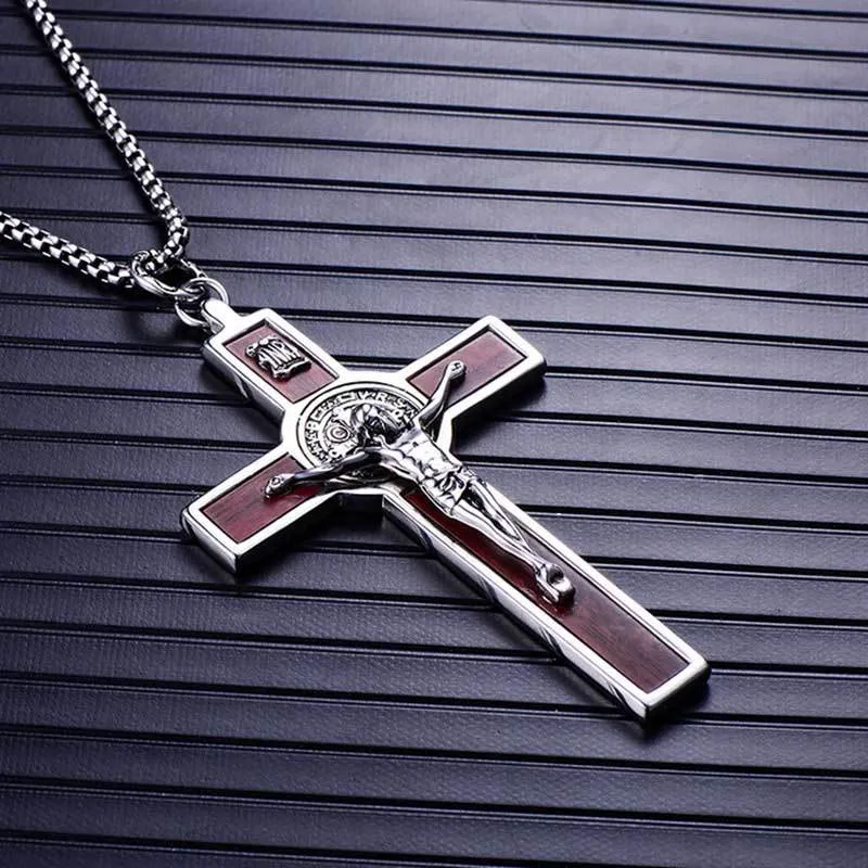 Men's 316L Stainless Steel Wood Cross Pendant Necklace