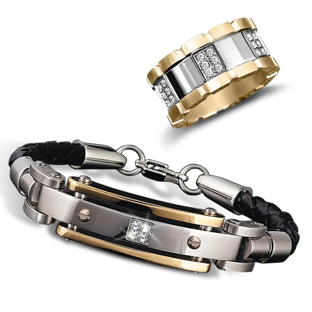 Men's Diamond Leather Bracelet and Modena Ring Set