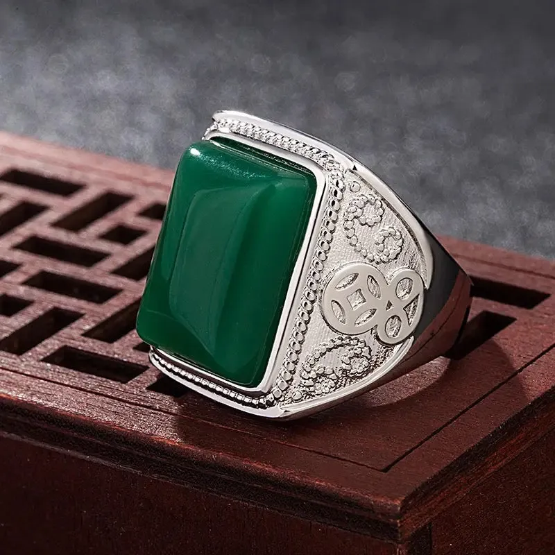 Men's Green Agate Ring 925 Silver Vintage Men's Chrysoprase Ring S4578476