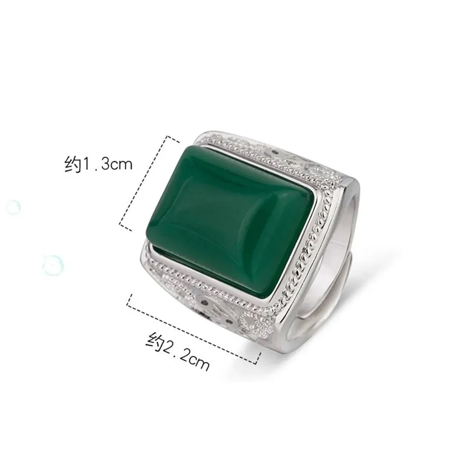 Men's Green Agate Ring 925 Silver Vintage Men's Chrysoprase Ring S4578476