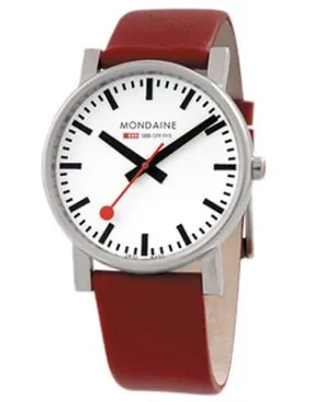 Mondaine Evo Watch - White Dial - Steel Case - Red Leather Strap