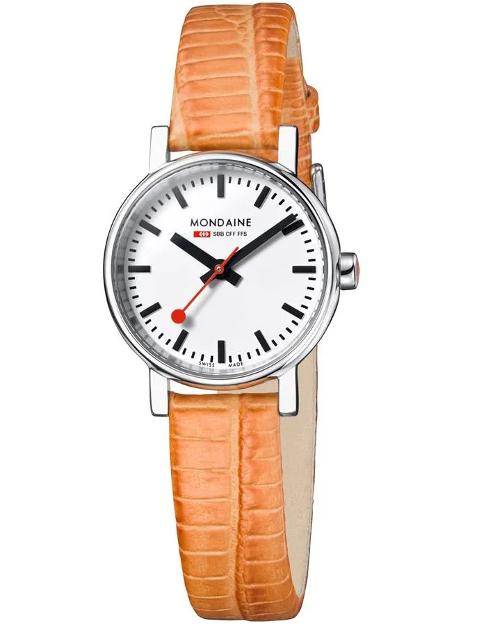 Mondaine Womans Evo Petite Watch - White Dial - Orange Leather Strap - 30m