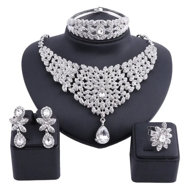 Moroccan Style Crystal and Rhinestone Necklace, Bracelet, Earrings & Ring Wedding Jewelry Set