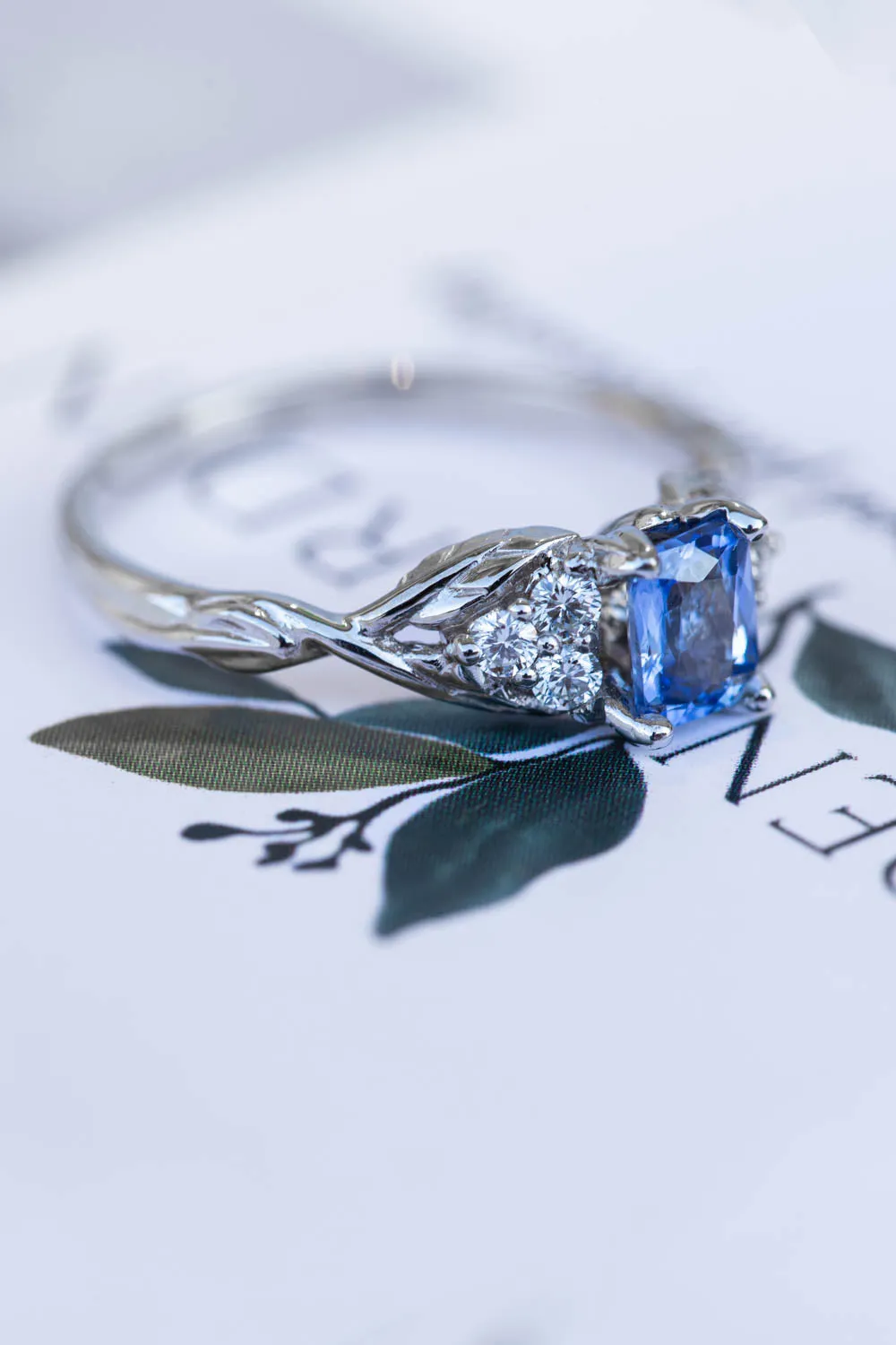 Natural light blue sapphire engagement ring, emerald cut gemstone ring with accent diamonds / Gloria