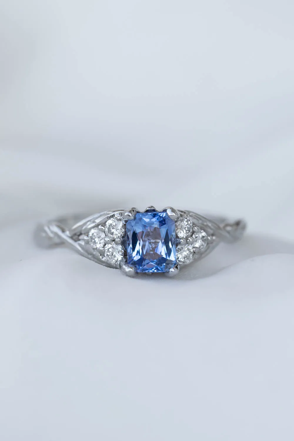 Natural light blue sapphire engagement ring, emerald cut gemstone ring with accent diamonds / Gloria