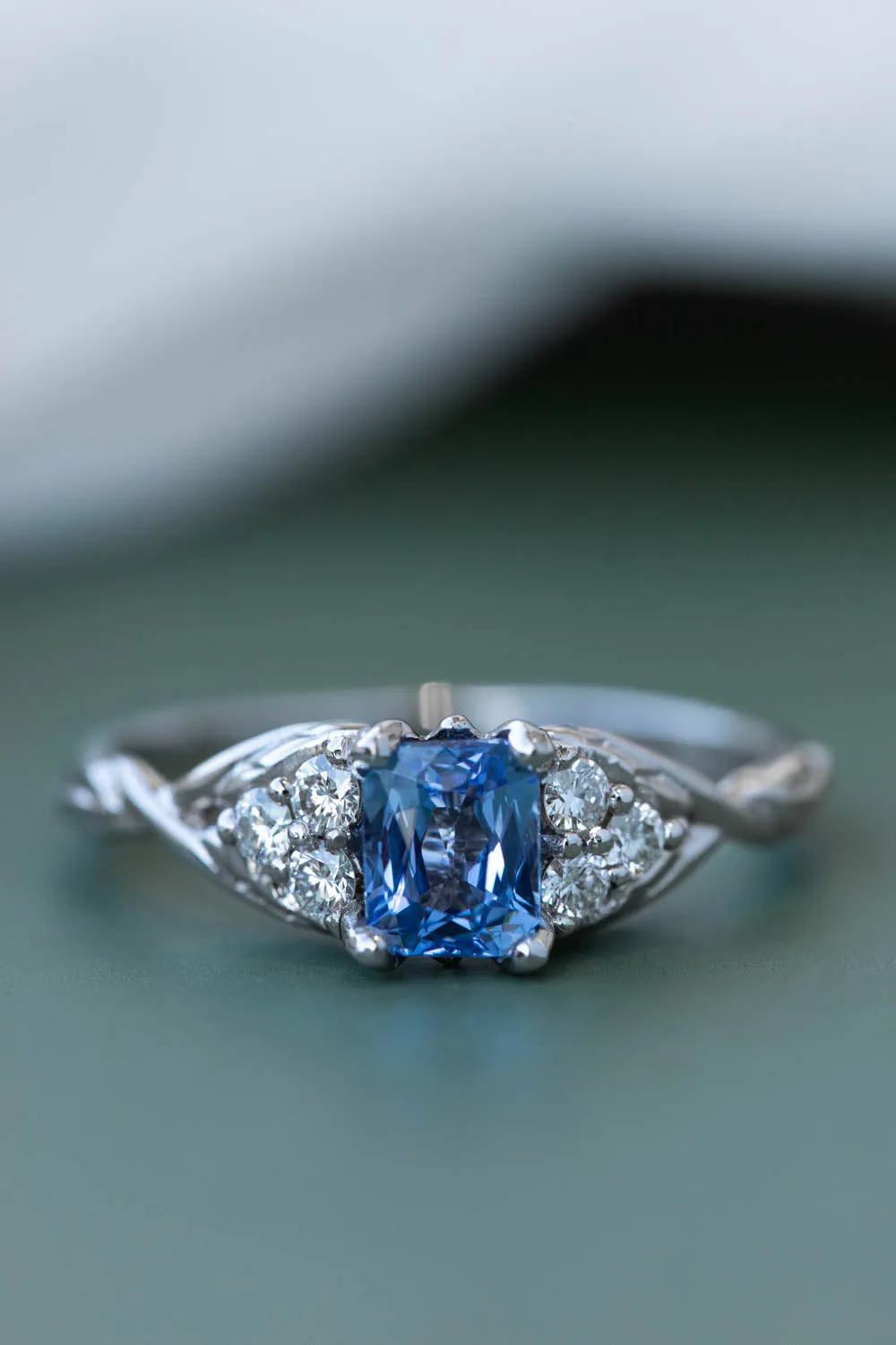 Natural light blue sapphire engagement ring, emerald cut gemstone ring with accent diamonds / Gloria