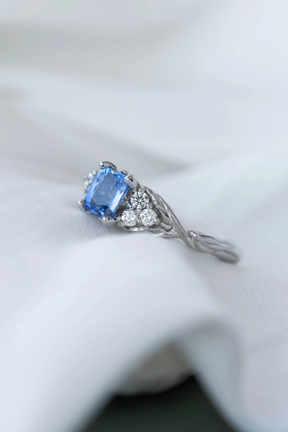 Natural light blue sapphire engagement ring, emerald cut gemstone ring with accent diamonds / Gloria