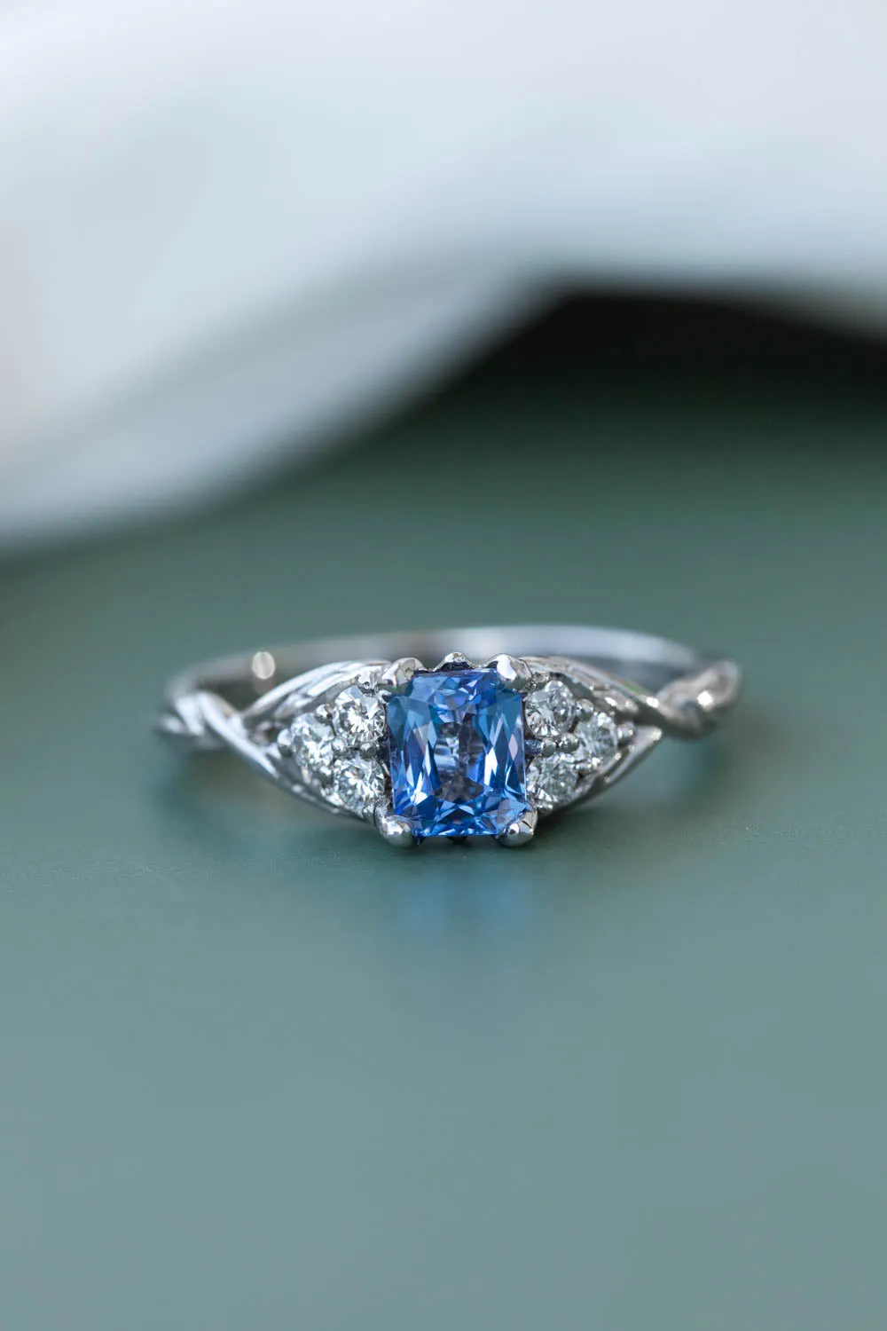 Natural light blue sapphire engagement ring, emerald cut gemstone ring with accent diamonds / Gloria