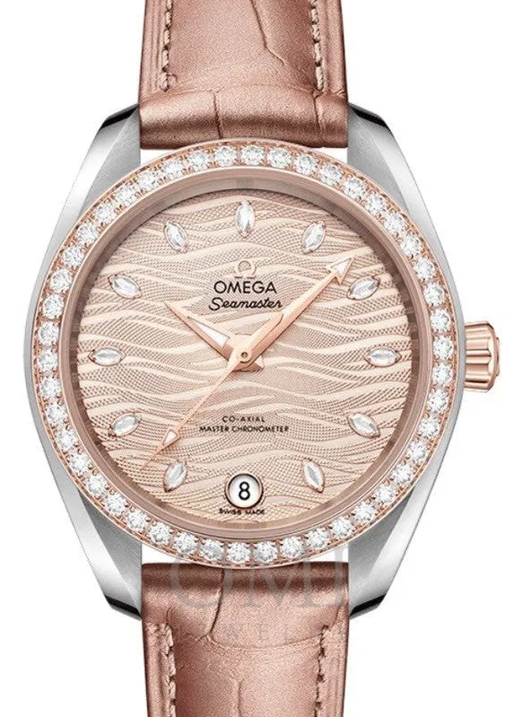 OMEGA SEAMASTER AQUA TERRA 150M CO-AXIAL MASTER CHRONOMETER 34MM STAINLESS STEEL SEDNA GOLD DIAMOND BEZEL GREY NUDE DIAMOND HOUR DIAL 220.28.34.20.59.001 WITH ALLIGATOR LEATHER STRAP