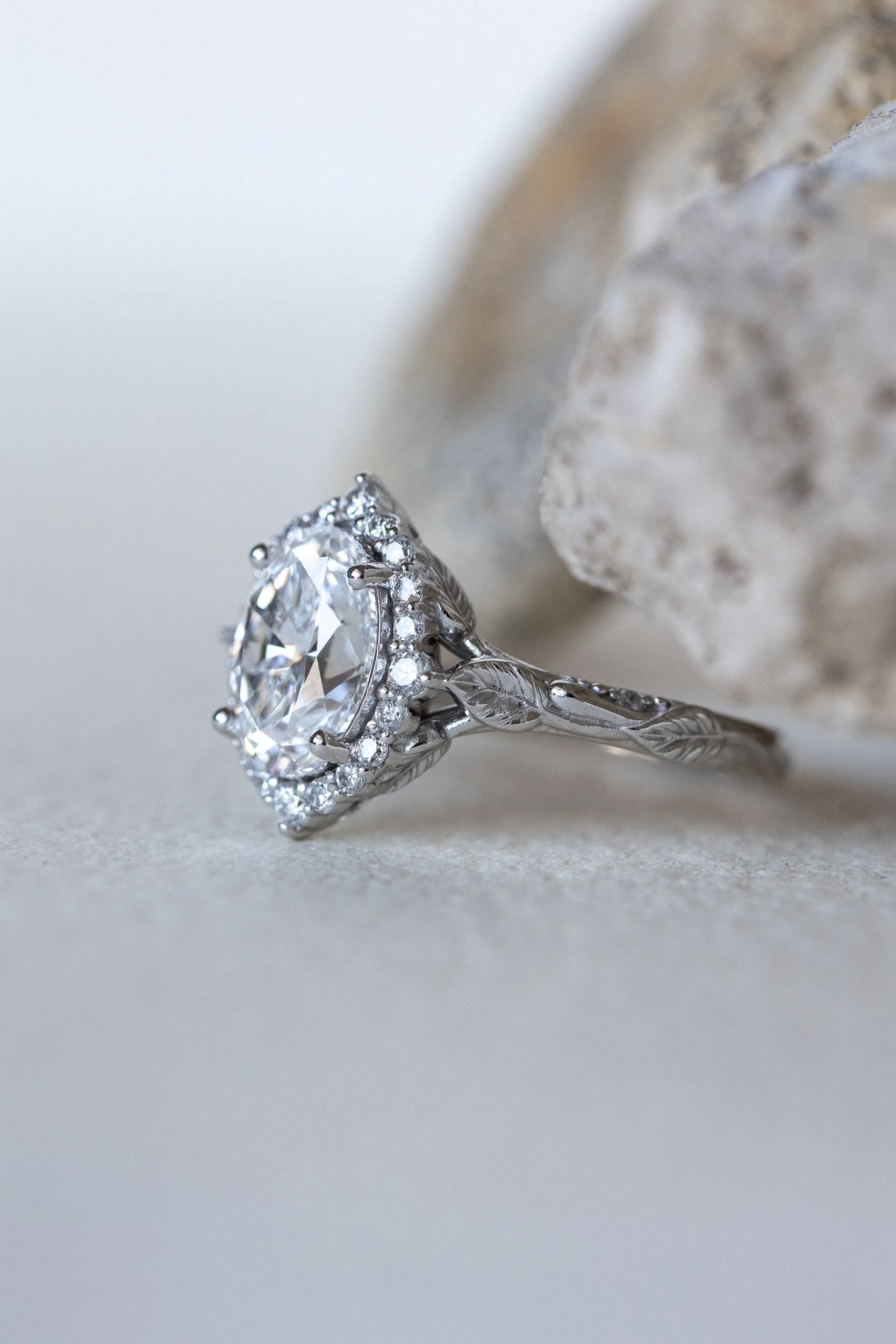 Oval lab grown diamond engagement ring, white gold leaf ring with diamond halo / Florentina