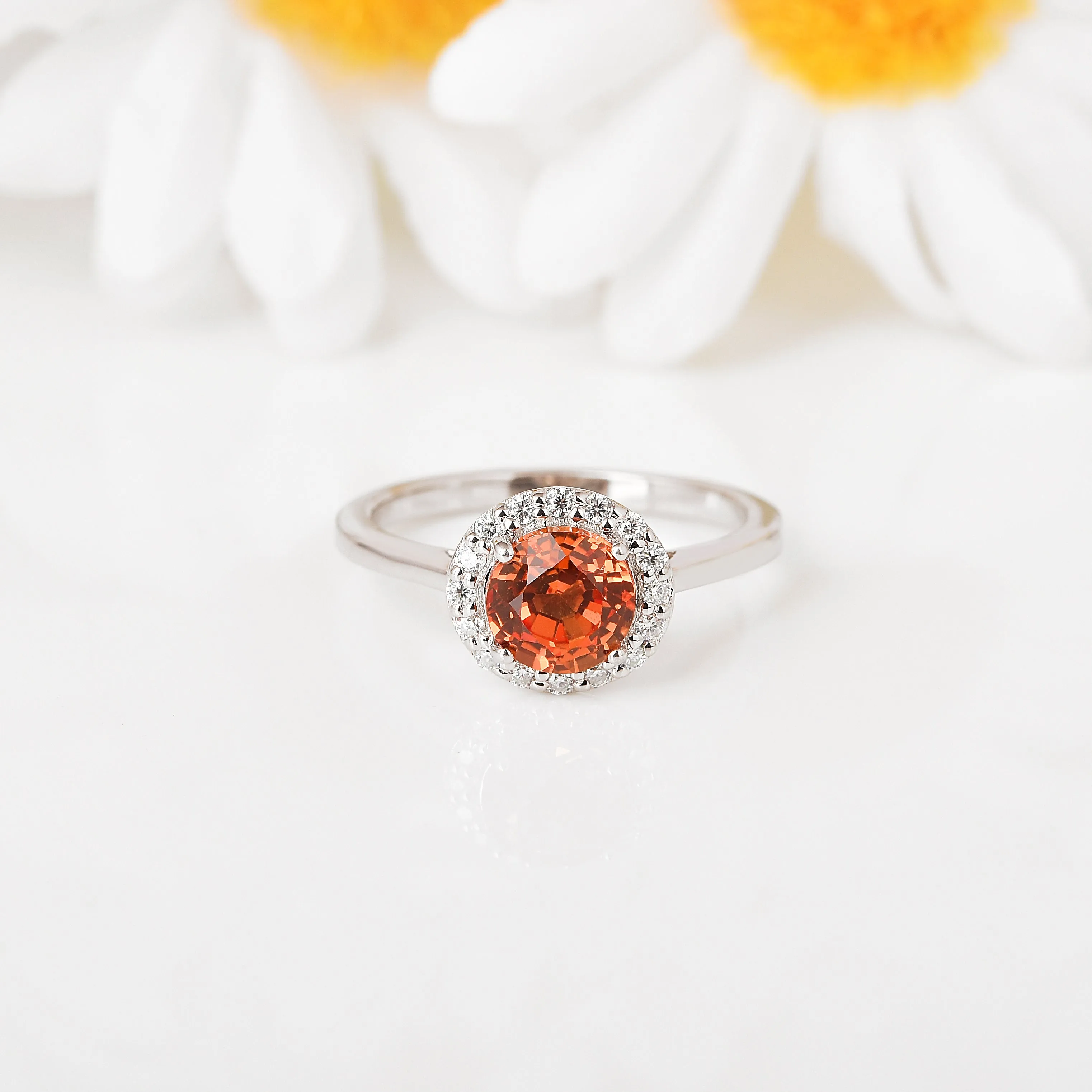 Peach Sapphire Round Halo Ring