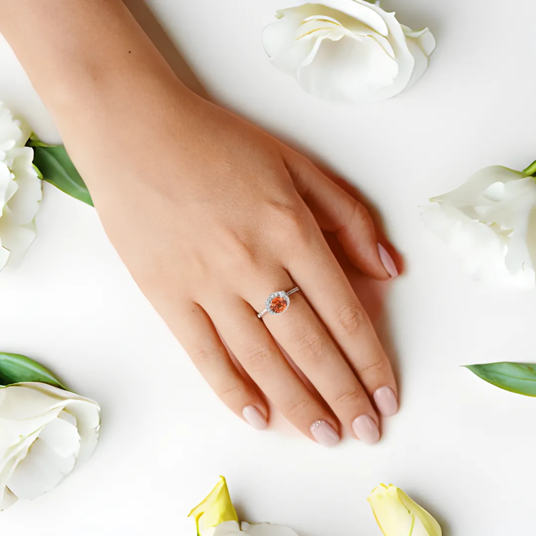 Peach Sapphire Round Halo Ring