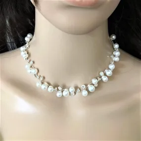 Pearl and Rhinestone Silver Chain Necklace and Earrings Set