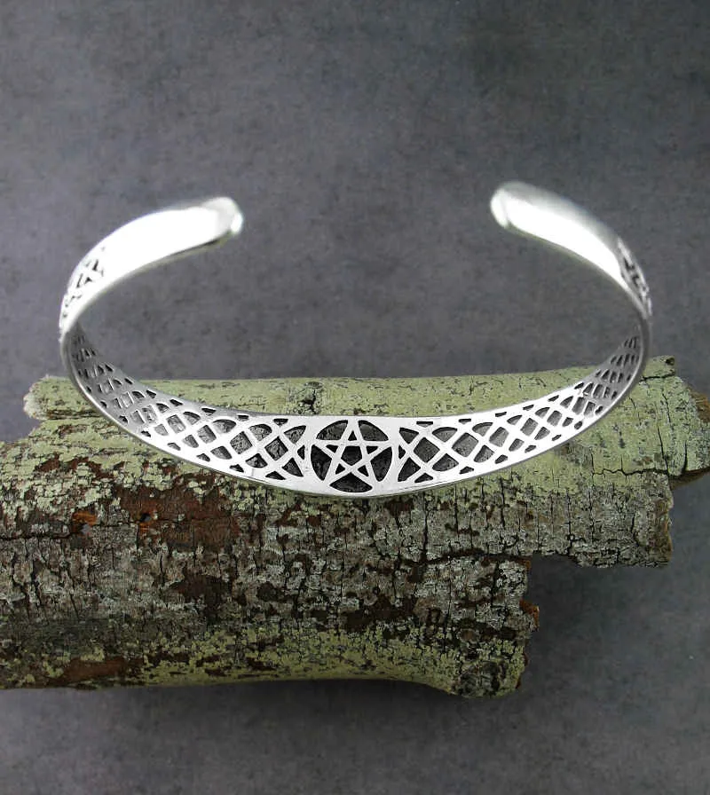 Pentacle Open Bangle Cuff Bracelet with Celtic Knots